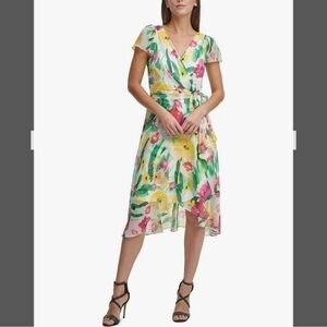 DKNY Short Sleeve Asymmetrical Faux Wrap Floral Dress in White/Pink/Green Size 2